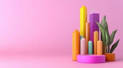 Obraz premium Abstract Cityscape Arrangement with Vibrant Colors, Modern Minimalist Art on Pink Background, Studio Shot
