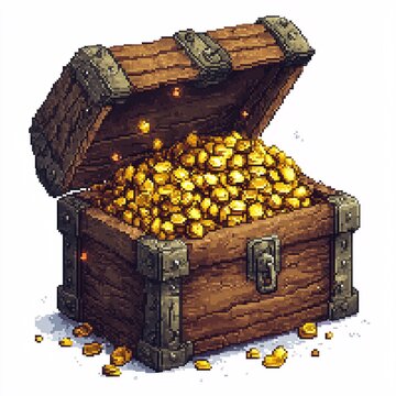 Pixel art sticker logo of a pixel treasure chest overflowing with gold