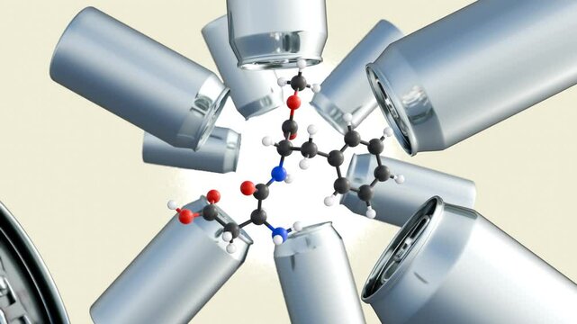 A 3d animation of aspartame molecule and rotating metallic cans. The prevalence of aspartame in diet sodas and other low-calorie canned drinks.