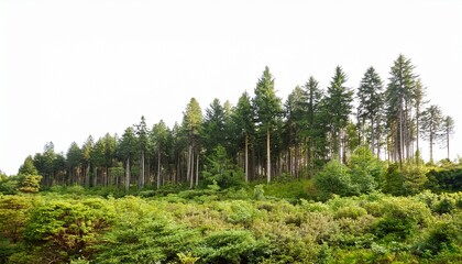 Obraz premium serene forest scene with tall trees and lush green undergrowth isolated on white background evokes sense of tranquility and natural beauty