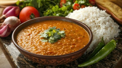 Authentic indian lentil soup with rice and fresh vegetables at kitchen with natural light