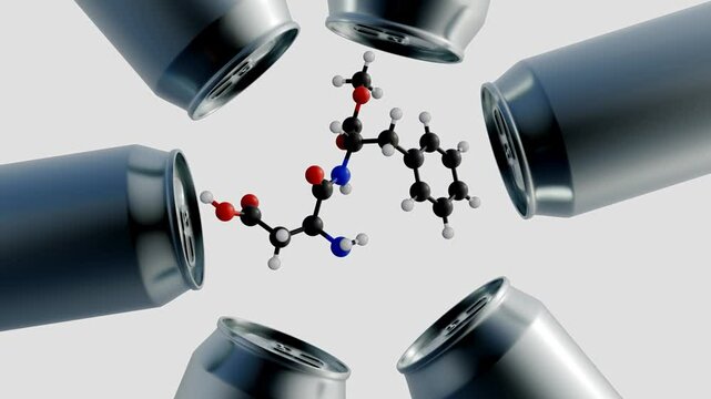 A 3d animation of aspartame molecule and rotating metallic cans. The prevalence of aspartame in diet sodas and other low-calorie canned drinks.
