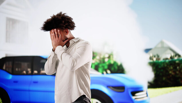 Troubled African-American man on phone with broken car engine smoking