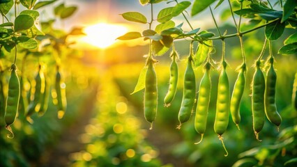 Obraz premium Fresh Green Pea Pods Hanging in Sunlit Organic Farm Field