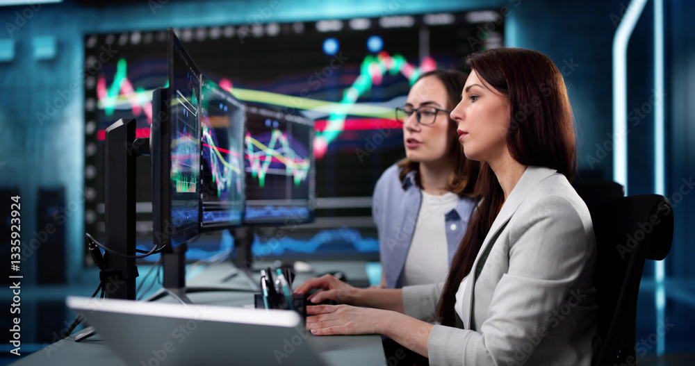 Aufkleber financial analyst studying stocks on computer screen in busy office