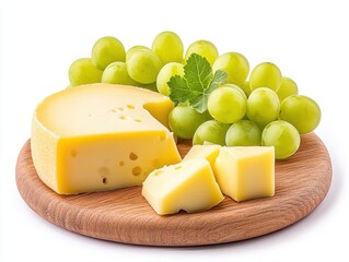 Fresh cheese and green grapes on a wooden platter with a bright background