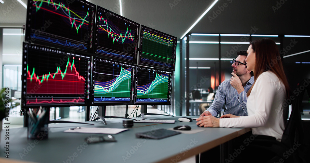 Poster Stock trader analyzing market data on multiple monitors with financial graphs