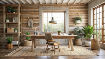 Cozy Rustic Office Interior Design with Natural Elements and Plants