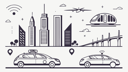 AI generated autonomous transportation icons, futuristic AI-driven vehicles, smart mobility technology, self-driving cars, flying taxi symbols.