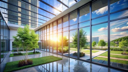Modern Office Interior with Large Windows and Scenic View of Nature