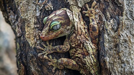 Camouflaged leaf tailed gecko clinging to a tree trunk its skin textured like bark blending seamlessly with its surroundings