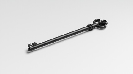 A black metal key with a decorative handle.