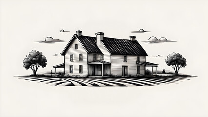 A charming grayscale sketch depicts a two-story farmhouse nestled a tranquil countryside setting, flanked trees overlooking plowed fields.