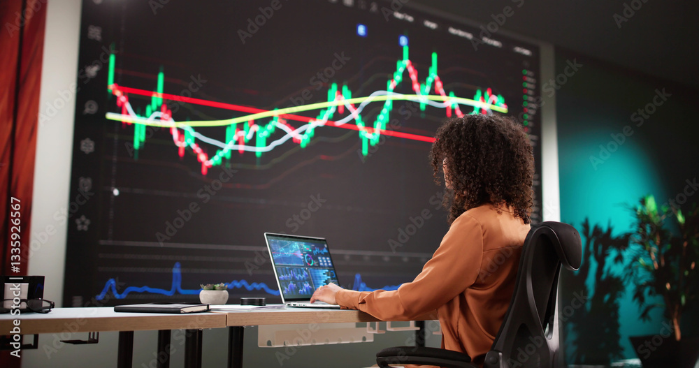 Poster female stock analyst analyzing data on computer screens