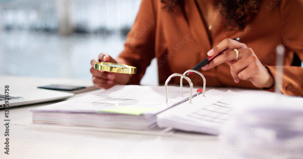 Poster audit and fraud investigation. auditor using magnifying glass