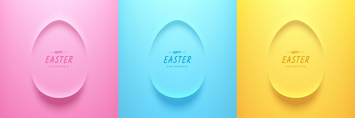 Set of 3D oval eggs frames background in neumorphism style, Happy Easter day in pastel pink, soft blue and yellow color. Trendy vector illustration design. Happy Easter day element design collection.