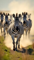 Fototapeta premium Generative AI Zebras on the Move A Majestic Herd Galloping Through the Savannah