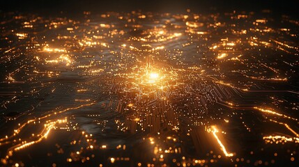 Naklejka premium Glowing circuit board with central light source.