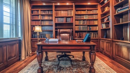 Luxurious wooden library study with desk