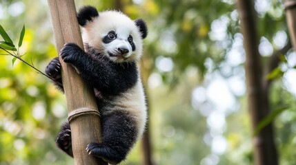 Obraz premium Adorable Baby Panda Climbing Bamboo in Natural Green Environment