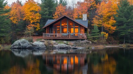 Fototapeta premium A rustic cabin sits peacefully by the serene lake reflecting fall colors