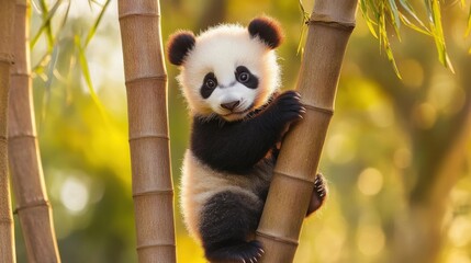 Obraz premium Adorable Baby Panda Climbing Bamboo Plant in Natural Habitat