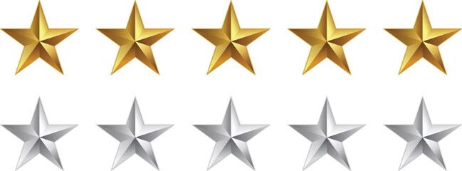 Fototapeta premium Gold and Silver Stars Icon Set, Five Star Rating Scale Vector Graphics
