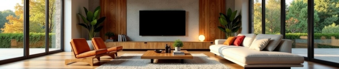 Contemporary living room with wooden accents and sleek furniture, wood, decor