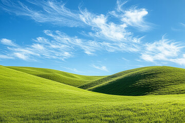 Fototapeta premium Rolling Green Hills Under a Clear Blue Sky with Wispy Clouds