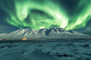 Naklejka premium Snowy Mountains Under the Northern Lights at Night