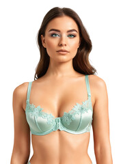 Obraz premium delicate mint green lace bra with semi-transparent cups, featuring floral embroidery in a soft mint shade. The balconette design is