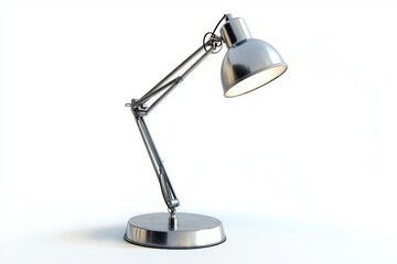 Silver Desk Lamp Illuminated on White Background Modern Metal Adjustable Lamp for Workspace