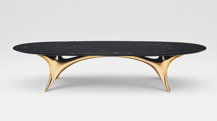 A modern black marble coffee table with gold legs and curved design.