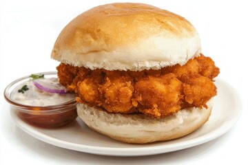 Golden Fried Tofu Sandwich Garnished with fresh Greens and Creamy White Sauce on a Clean White Background