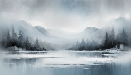 Fototapeta premium Tranquil Abstract Landscape, Frozen Tundra, Misty Mountains, Digital Art, Icy Blues