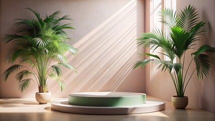 Obraz premium Serene Minimalist Interior Scene with Two Lush Potted Plants Flanking a Two-Tiered Display Pedestal Bathed in Soft Sunlight
