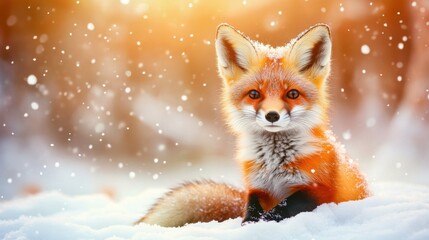 Obraz premium Adorable Red Fox in Winter Landscape with Snow Falling Gently