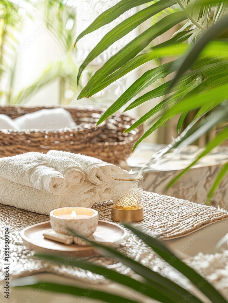 Poster serene table setting featuring a soft towel and a flickering candle creating a calm atmosphere
