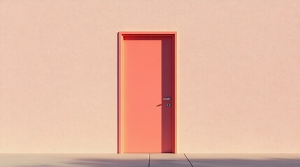 Minimalist salmon door set against a textured peach wall casting light shadows