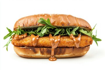 Delectable chicken burger with fresh arugula and delicious sauce against plain white background food photography