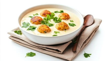 Creamy vegetable soup with golden meatballs parsley and wooden spoon resting on a beige linen napkin