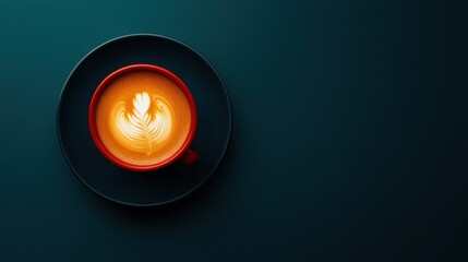 A cup of coffee with latte art on a dark blue background.