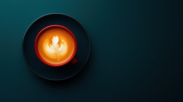 A cup of coffee with latte art on a dark blue background.