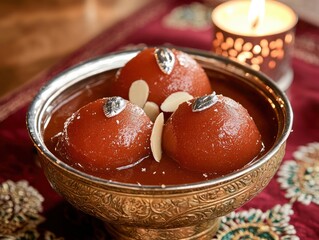 Gulab jamun delight in golden bowl almond garnish rich syrup background traditional indian sweet