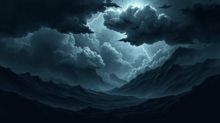 Naklejka premium Dramatic mountain range landscape with stormy clouds and electrifying lightning