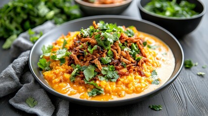 Mouthwatering spiced lentil dahl garnished with fresh coriander served in a ceramic bowl on wood table healthy food photography
