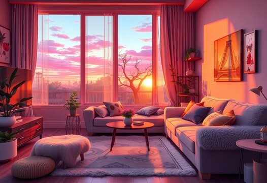Cozy golden hour living room with plush sofa, anime-inspired aesthetic, luxury, aesthetic