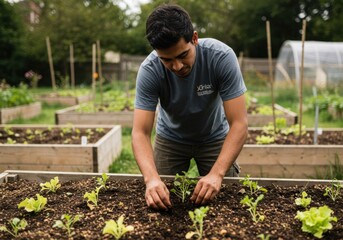Young man tending to vegetable garden, planting seedlings in raised beds, with greenery in background - bending over