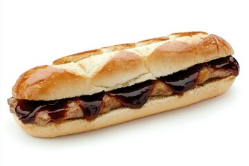 Gourmet barbecue sandwich with delicious sauce on a fresh bread roll on a bright white background