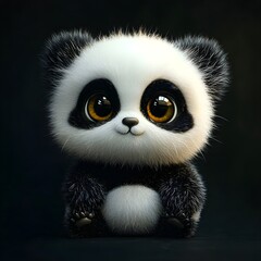 Fototapeta premium A fluffy baby panda with large, expressive eyes and a round body sits adorably against a dark background, exuding charm.